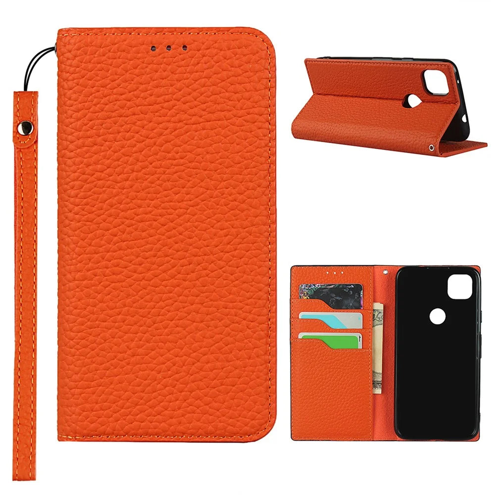 Litchi Skin Genuine Leather Coated TPU Stand Case for Google Pixel 4a 4G - Orange - 1