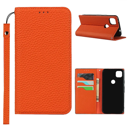 Litchi Skin Genuine Leather Coated TPU Stand Case for Google Pixel 4a 4G - Orange - 1