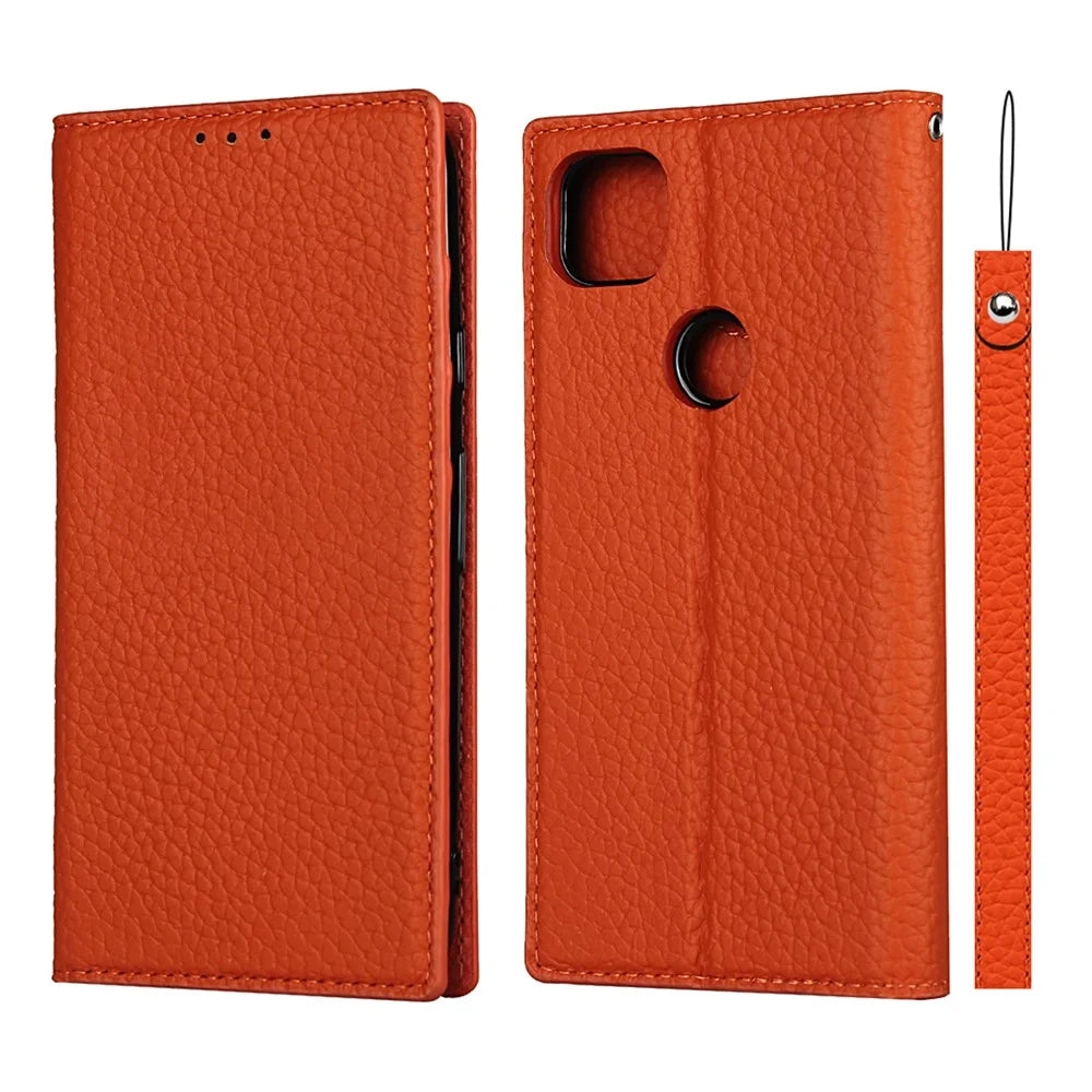 Litchi Skin Genuine Leather Coated TPU Stand Case for Google Pixel 4a 4G - Orange - 2