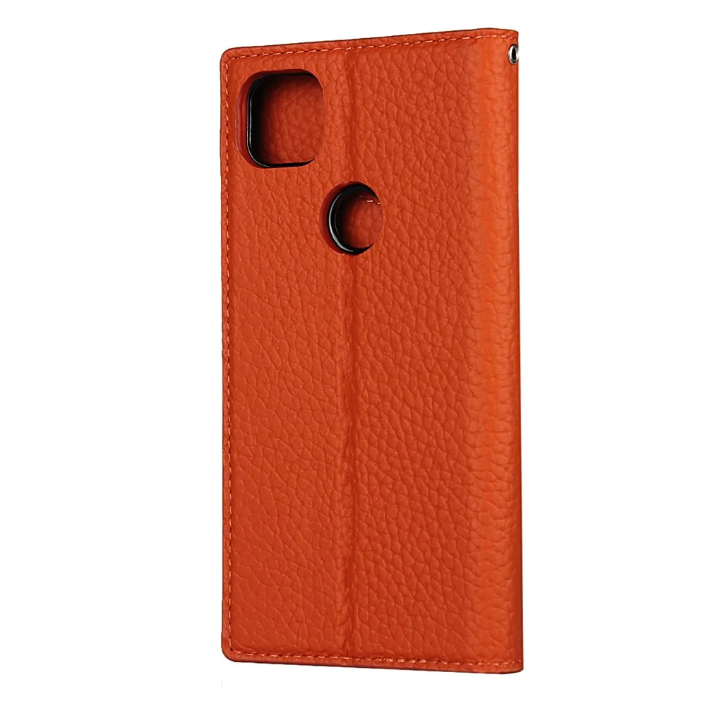 Litchi Skin Genuine Leather Coated TPU Stand Case for Google Pixel 4a 4G - Orange - 5