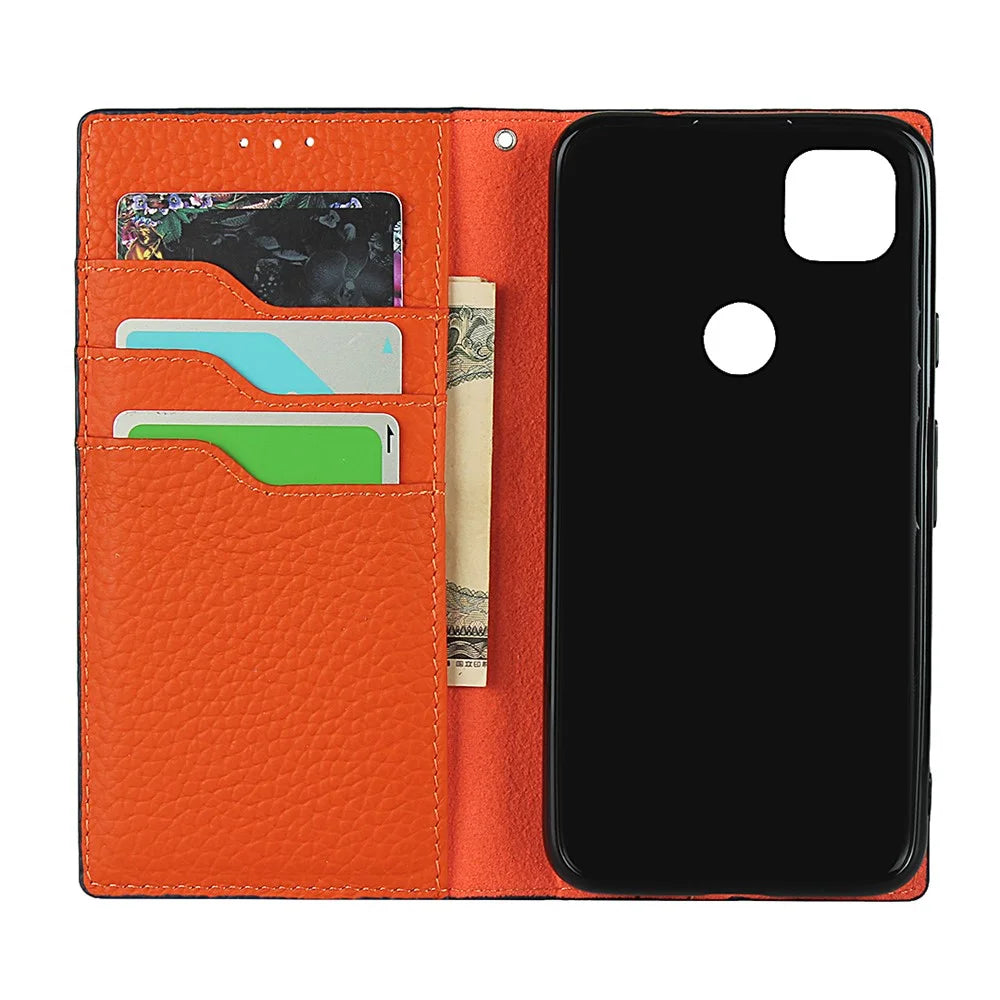 Litchi Skin Genuine Leather Coated TPU Stand Case for Google Pixel 4a 4G - Orange - 6