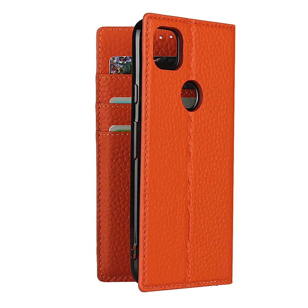 Litchi Skin Genuine Leather Coated TPU Stand Case for Google Pixel 4a 4G - Orange - 7