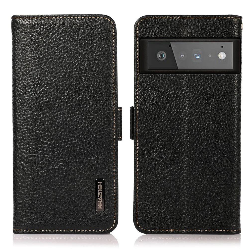 KHAZNEH Litchi Texture Genuine Leather Anti-theft Swiping Design Stand Wallet Phone Case for Google Pixel 6 Pro - Black - 1
