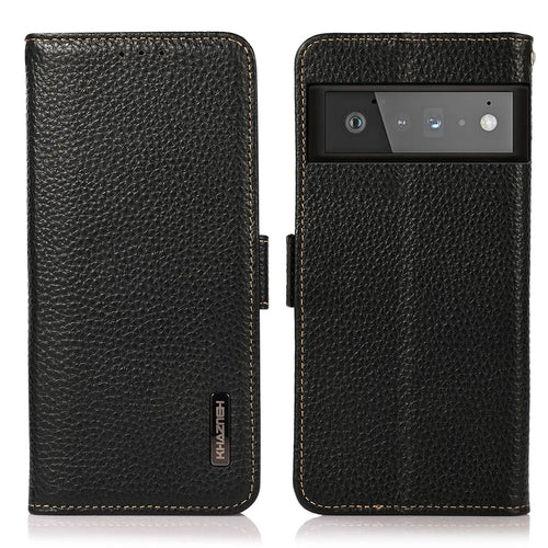 KHAZNEH Litchi Texture Genuine Leather Anti-theft Swiping Design Stand Wallet Phone Case for Google Pixel 6 Pro - Black - 1