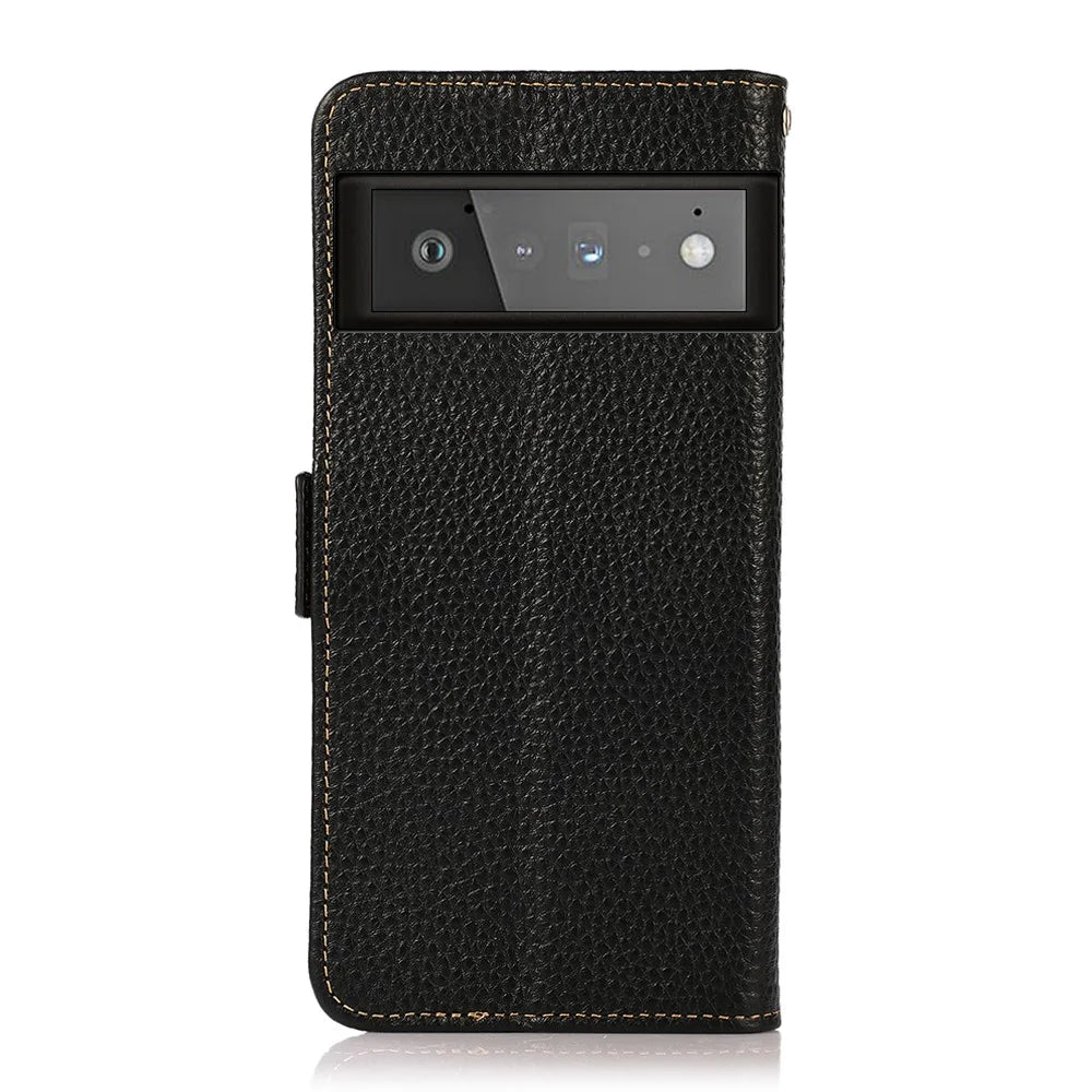 KHAZNEH Litchi Texture Genuine Leather Anti-theft Swiping Design Stand Wallet Phone Case for Google Pixel 6 Pro - Black - 3
