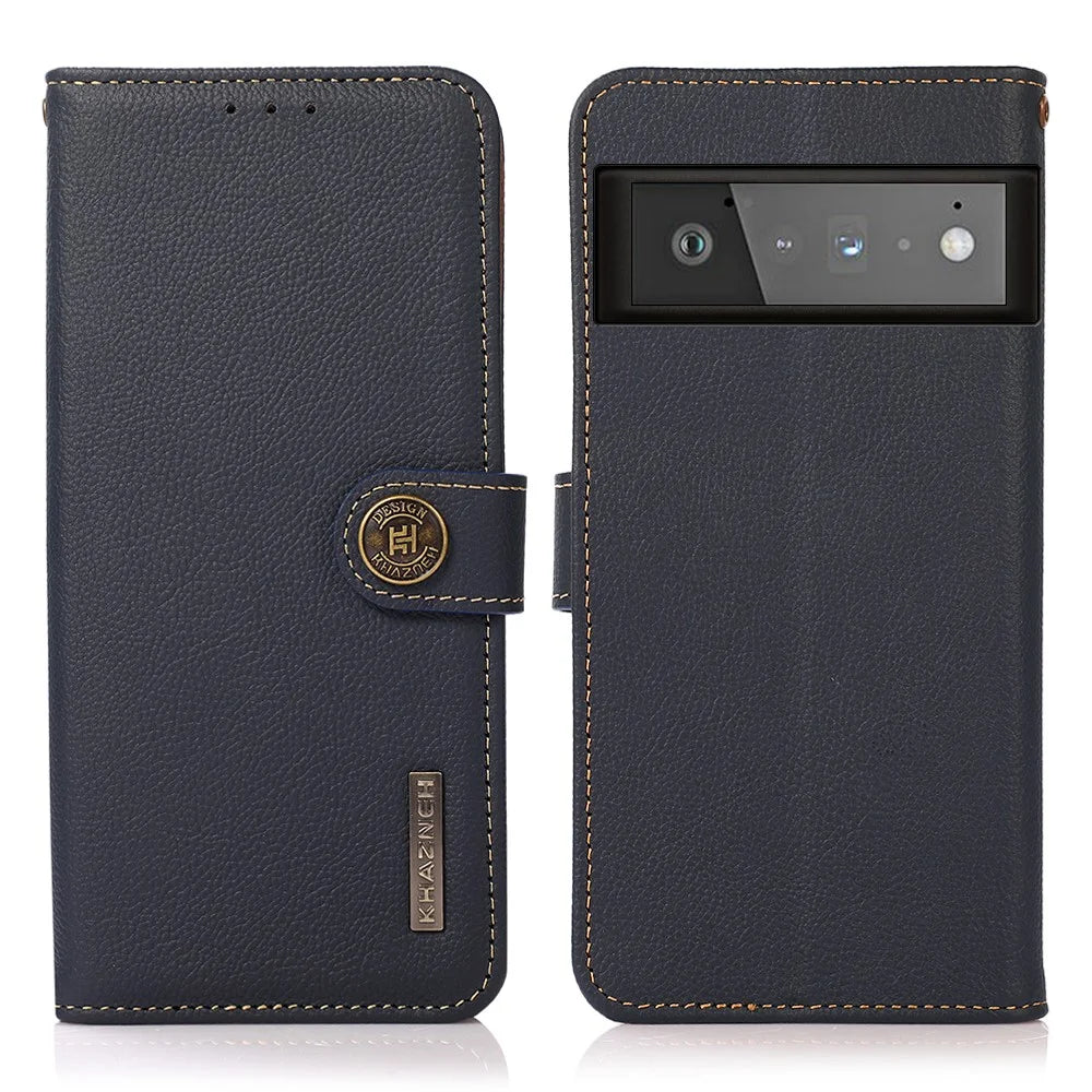 KHAZNEH Genuine Leather Phone Shell Case with RFID Anti-theft Swiping Design for Google Pixel 6 Pro - Blue - 1