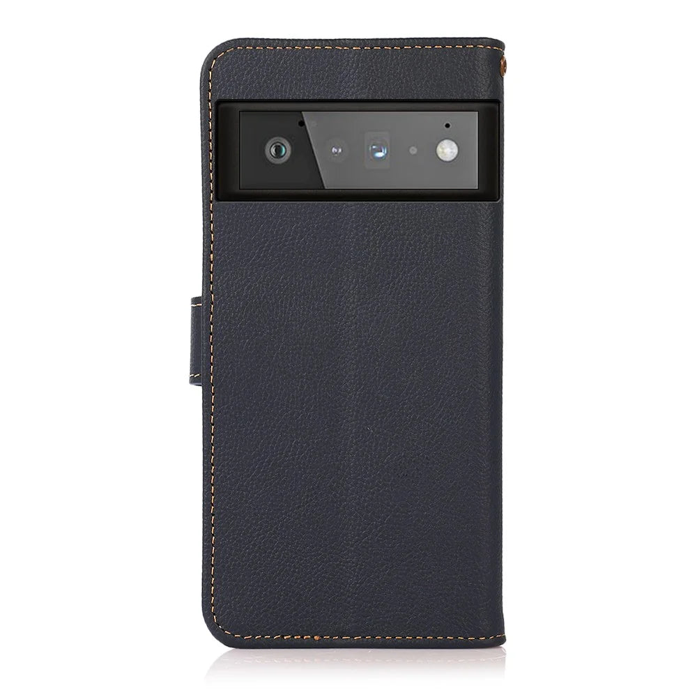 KHAZNEH Genuine Leather Phone Shell Case with RFID Anti-theft Swiping Design for Google Pixel 6 Pro - Blue - 3