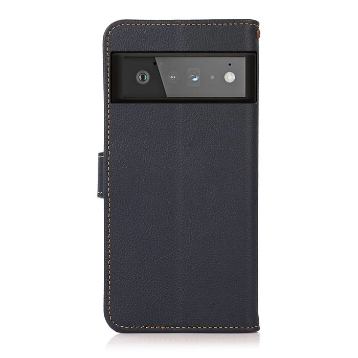 KHAZNEH Genuine Leather Phone Shell Case with RFID Anti-theft Swiping Design for Google Pixel 6 Pro - Blue - 3