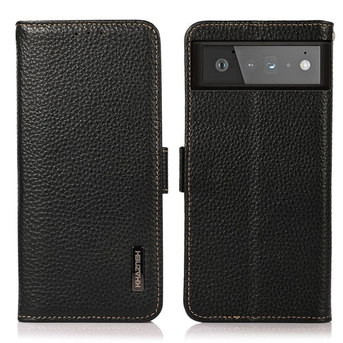 KHAZNEH For Google Pixel 6 Genuine Leather Case Litchi Texture Anti-theft Swiping Design Wallet Phone Protector with Stand - Black - 1