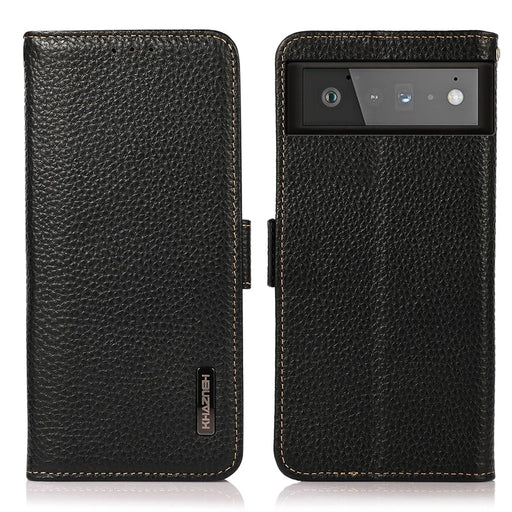 KHAZNEH For Google Pixel 6 Genuine Leather Case Litchi Texture Anti-theft Swiping Design Wallet Phone Protector with Stand - Black - 1