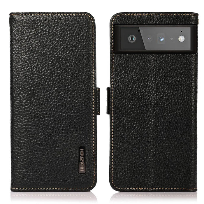 KHAZNEH For Google Pixel 6 Genuine Leather Case Litchi Texture Anti-theft Swiping Design Wallet Phone Protector with Stand - Black - 1