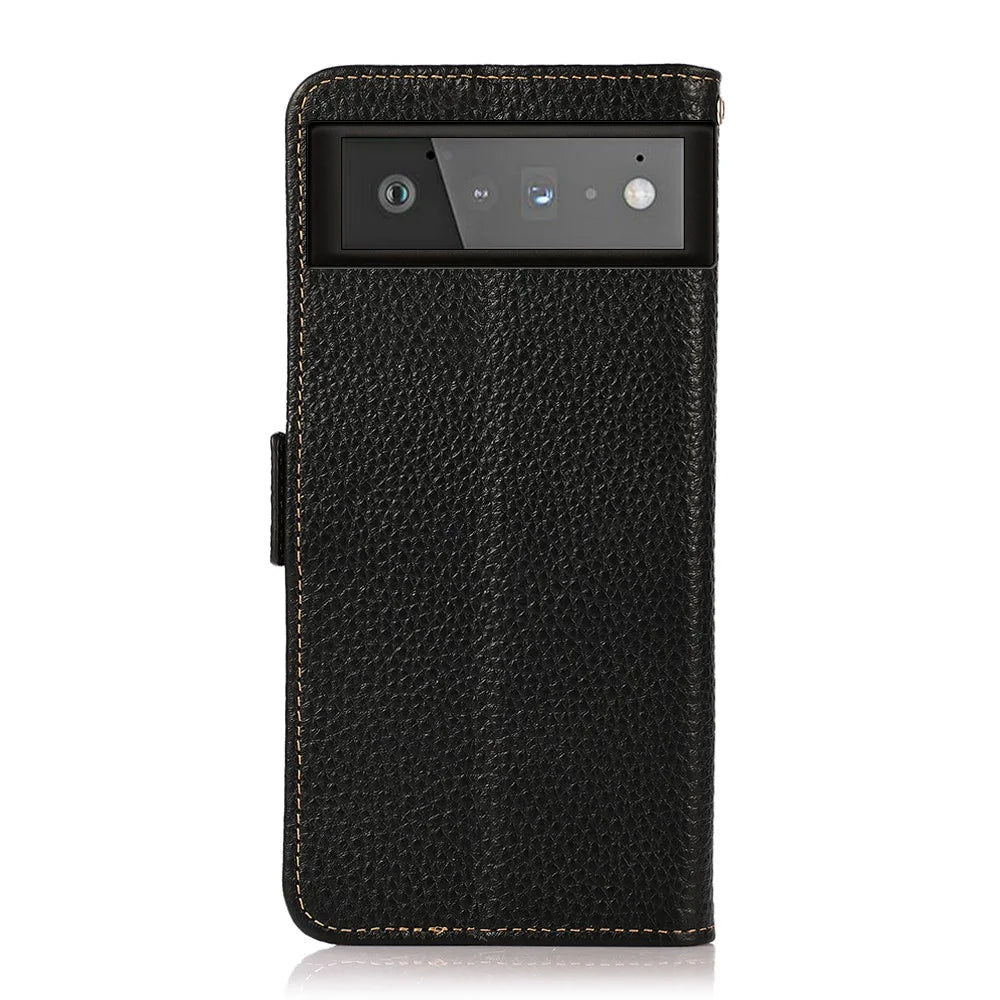 KHAZNEH For Google Pixel 6 Genuine Leather Case Litchi Texture Anti-theft Swiping Design Wallet Phone Protector with Stand - Black - 3