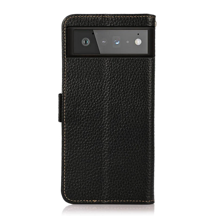 KHAZNEH For Google Pixel 6 Genuine Leather Case Litchi Texture Anti-theft Swiping Design Wallet Phone Protector with Stand - Black - 3