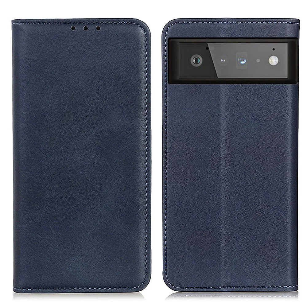 Auto-absorbed Split Leather Wallet Shell Case for Google Pixel 6 - Blue - 1