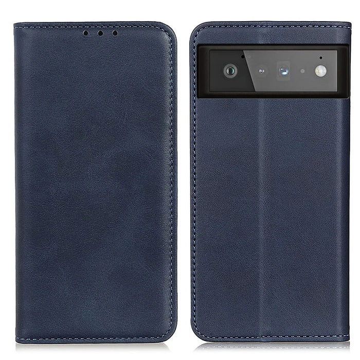 Auto-absorbed Split Leather Wallet Shell Case for Google Pixel 6 - Blue - 1