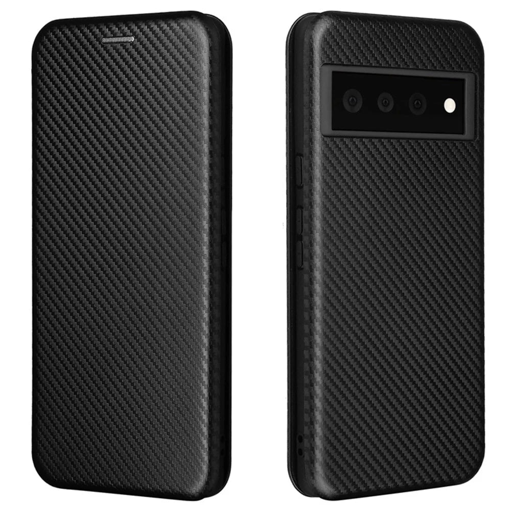 Auto-absorbed Leather Shell Carbon Fiber Texture with Card Slot and Ring Strap for Google Pixel 6 - Black - 1
