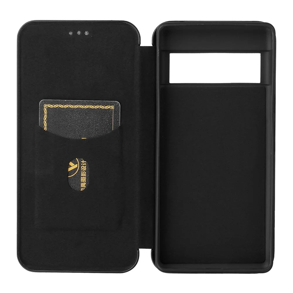 Auto-absorbed Leather Shell Carbon Fiber Texture with Card Slot and Ring Strap for Google Pixel 6 - Black - 5