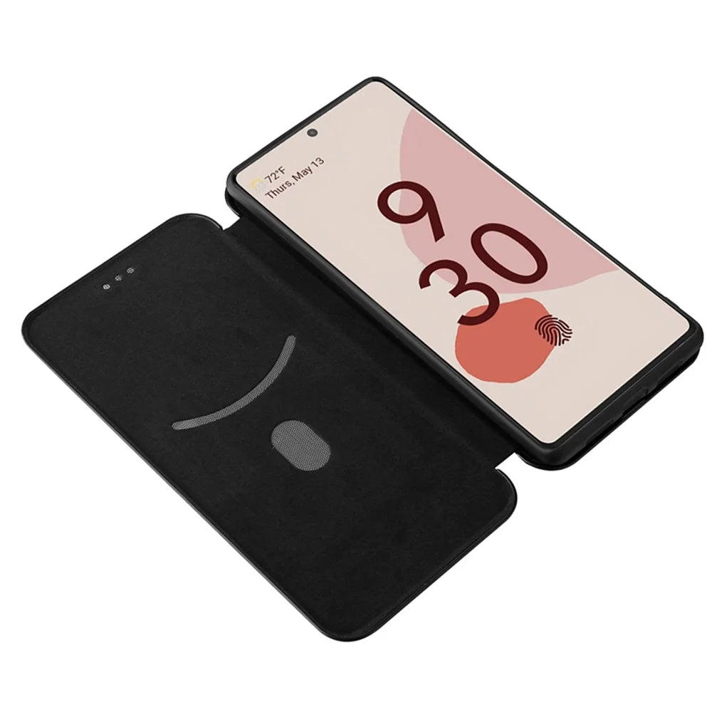 Auto-absorbed Leather Shell Carbon Fiber Texture with Card Slot and Ring Strap for Google Pixel 6 - Black - 6