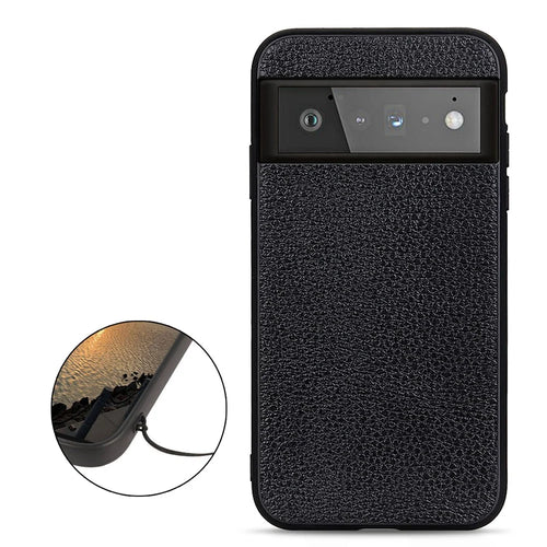 Genuine Leather Coated Litchi Texture PC Phone Case Shell for Google Pixel 6 Pro - Black - 1