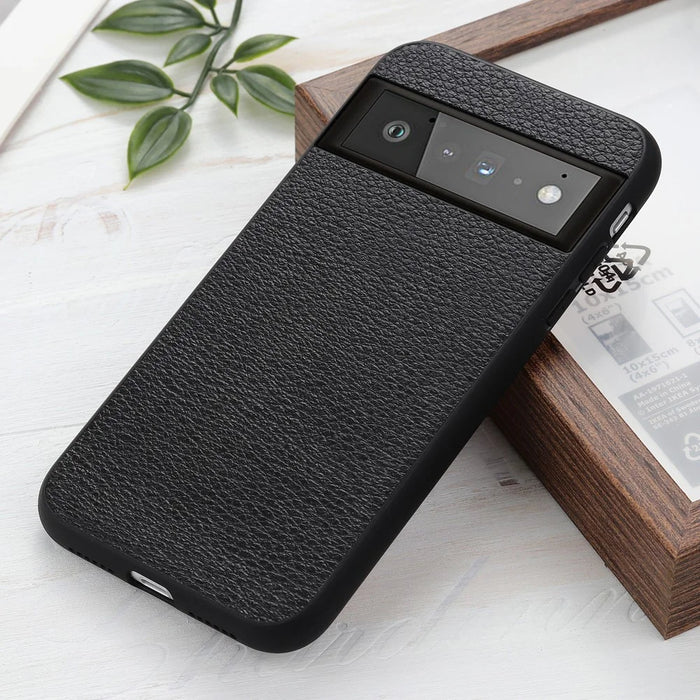Genuine Leather Coated Litchi Texture PC Phone Case Shell for Google Pixel 6 Pro - Black - 3