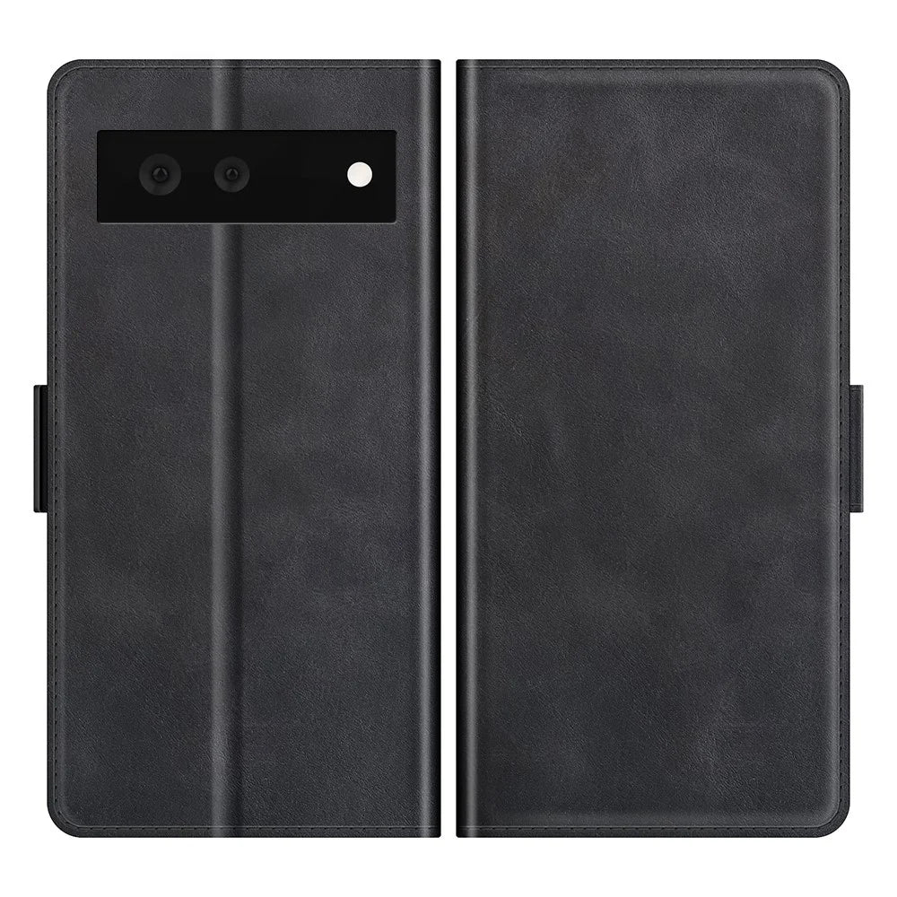 Folio Flip Magnetic Clasp Closure PU Leather Phone Cover Case with Stand for Google Pixel 6 - Black - 1