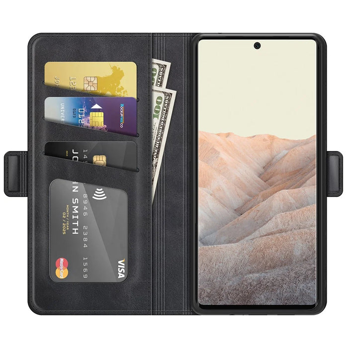 Folio Flip Magnetic Clasp Closure PU Leather Phone Cover Case with Stand for Google Pixel 6 - Black - 4