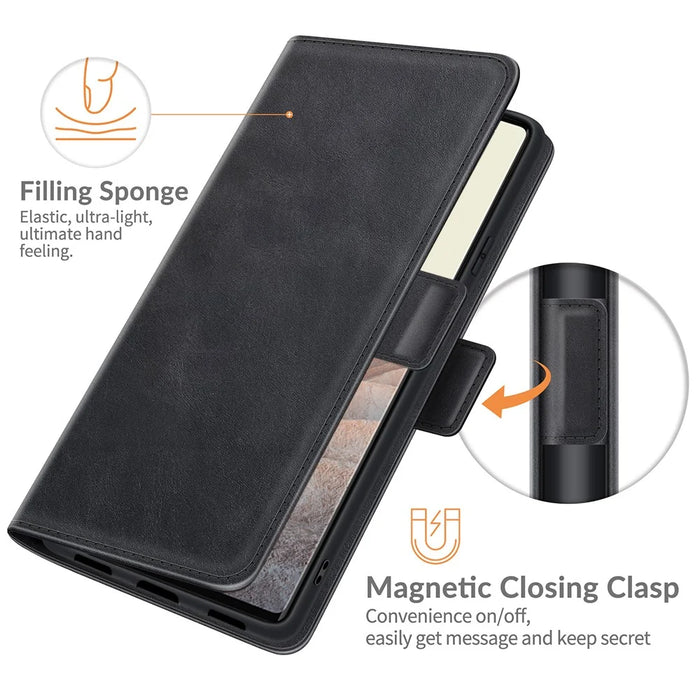 Folio Flip Magnetic Clasp Closure PU Leather Phone Cover Case with Stand for Google Pixel 6 - Black - 6