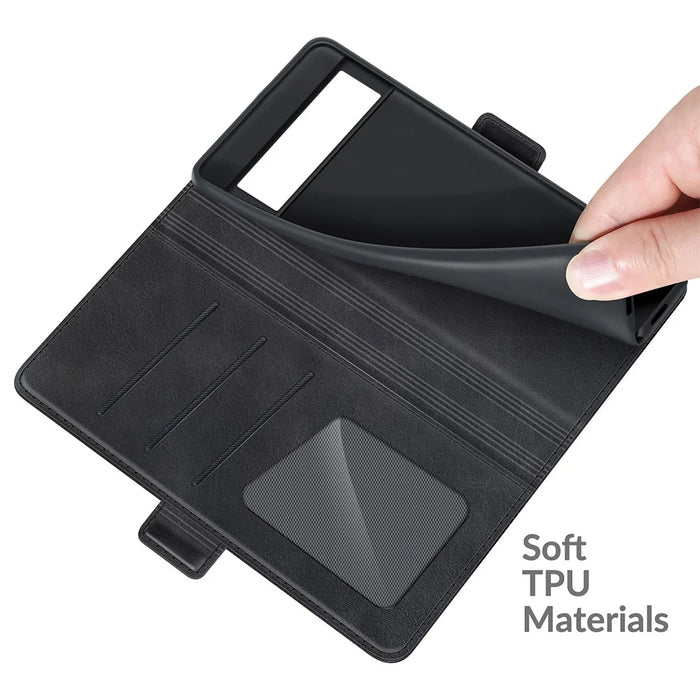 Folio Flip Magnetic Clasp Closure PU Leather Phone Cover Case with Stand for Google Pixel 6 - Black - 7