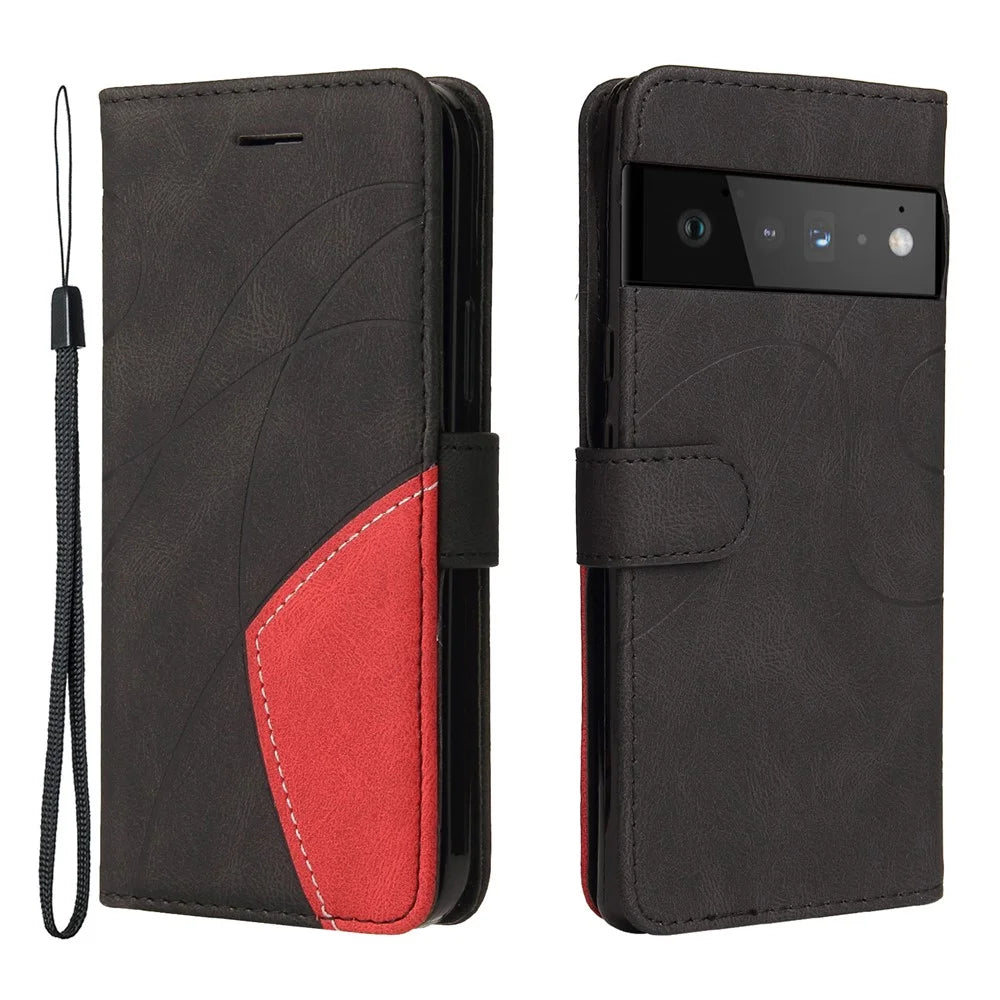 For Google Pixel 6 Leather Case Wallet Stand Color Splicing Phone Cover - Black - 1