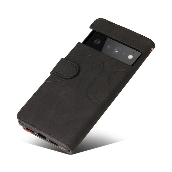 For Google Pixel 6 Leather Case Wallet Stand Color Splicing Phone Cover - Black - 7