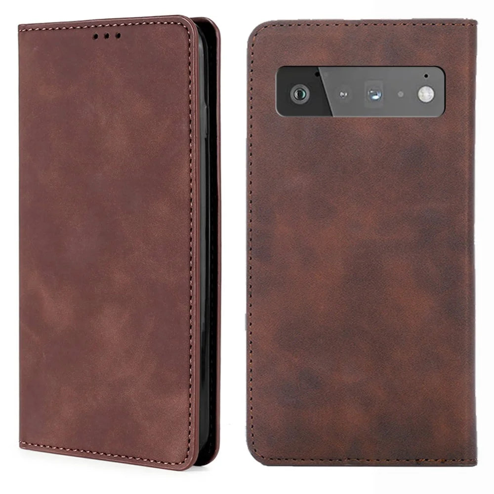 Card Slots Design Full Protection Magnetic Auto-absorbed Skin-touch Leather Stand Case for Google Pixel 6 Pro - Dark Brown - 1