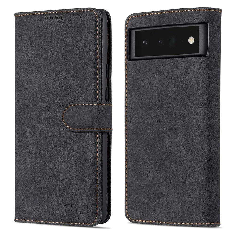 AZNS TPU+PU Leather Wallet Stand Phone Case Shockproof Protection Flip Phone Shell for Google Pixel 6 - Black - 1