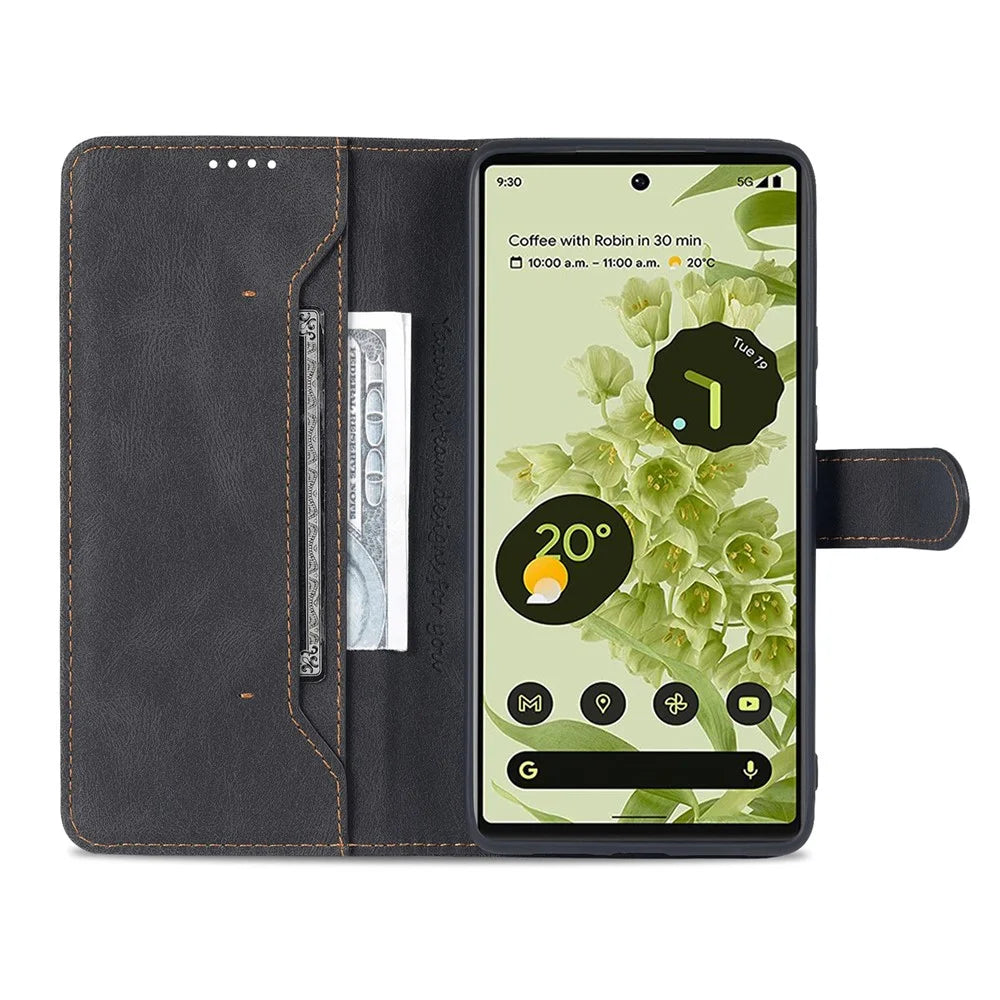 AZNS TPU+PU Leather Wallet Stand Phone Case Shockproof Protection Flip Phone Shell for Google Pixel 6 - Black - 7