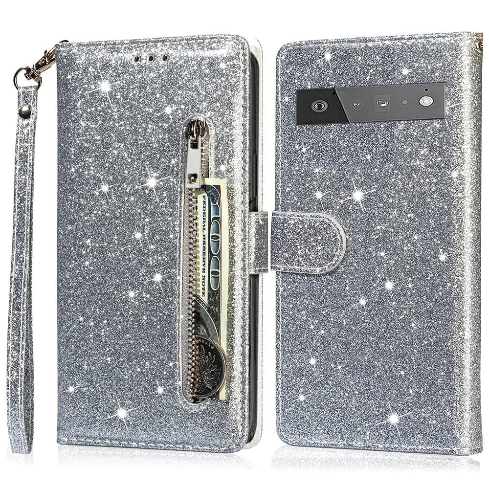 Glitter Sequins Magnetic Clasp Well-protected Anti-shock Zipper Pocket Wallet Flip Leather Phone Cover with Stand for Google Pixel 6 - Silver - 1