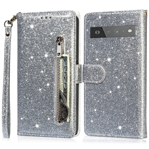 Glitter Sequins Magnetic Clasp Well-protected Anti-shock Zipper Pocket Wallet Flip Leather Phone Cover with Stand for Google Pixel 6 - Silver - 1