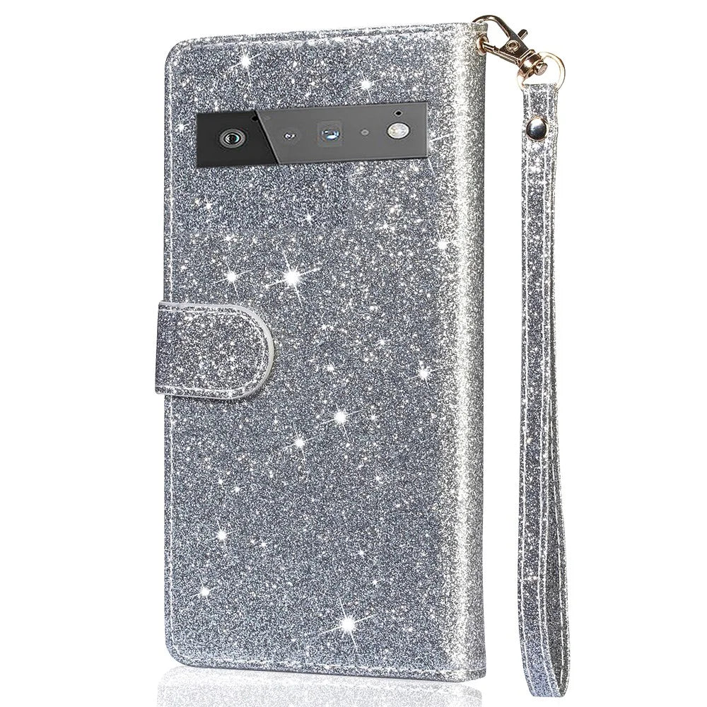 Glitter Sequins Magnetic Clasp Well-protected Anti-shock Zipper Pocket Wallet Flip Leather Phone Cover with Stand for Google Pixel 6 - Silver - 3