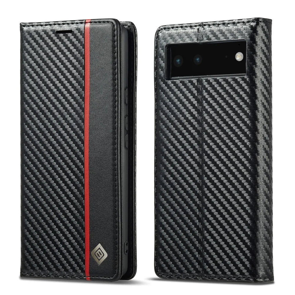 LC.IMEEKE Carbon Fiber Texture Wallet Design Scratch-resistant Phone Case Shell with Stand for Google Pixel 6 - Vertical Stripe - 1