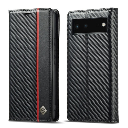 LC.IMEEKE Carbon Fiber Texture Wallet Design Scratch-resistant Phone Case Shell with Stand for Google Pixel 6 - Vertical Stripe - 1