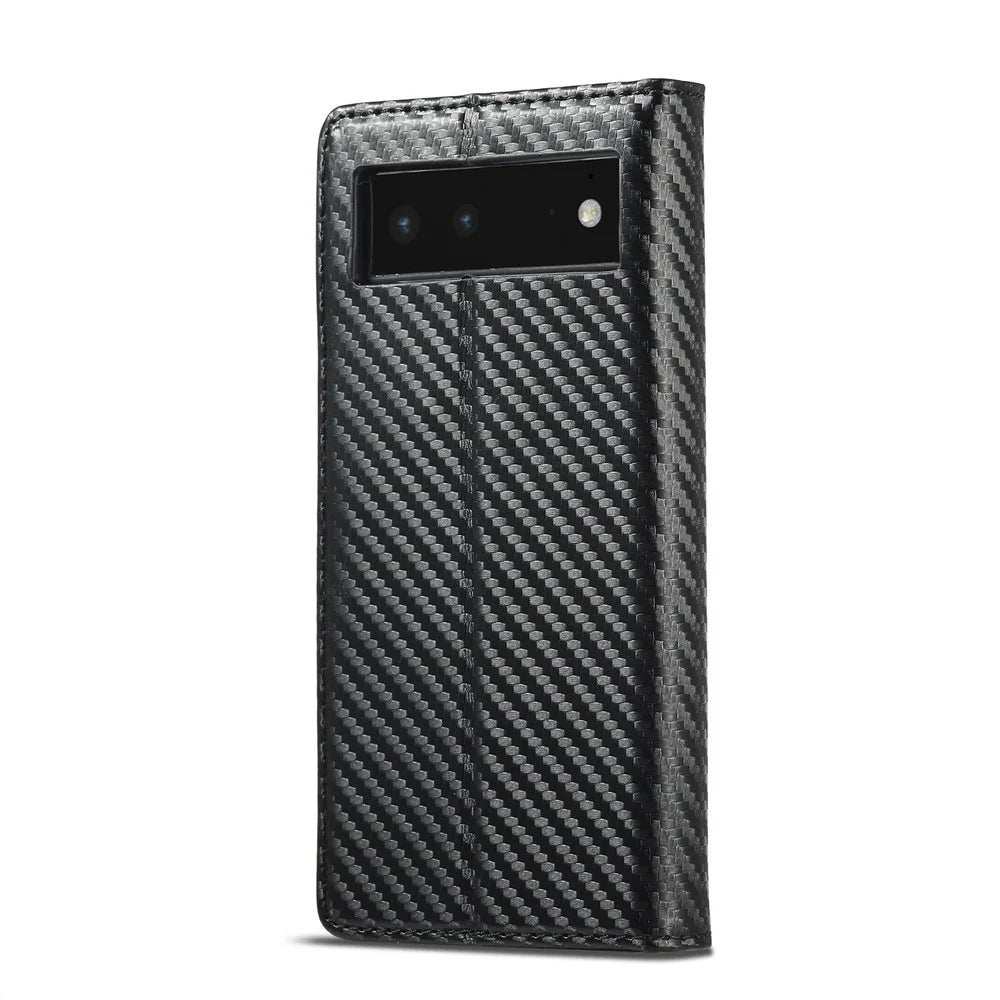 LC.IMEEKE Carbon Fiber Texture Wallet Design Scratch-resistant Phone Case Shell with Stand for Google Pixel 6 - Vertical Stripe - 2