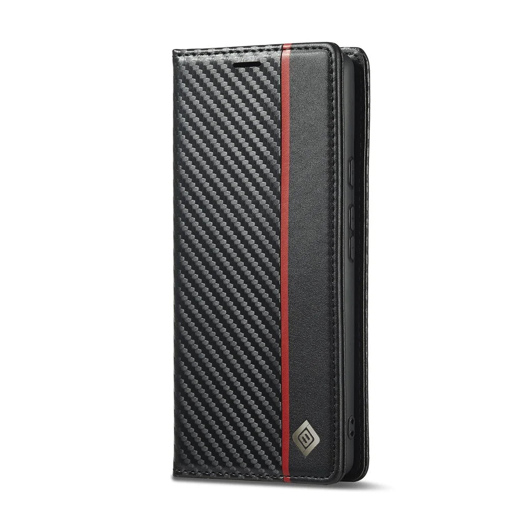 LC.IMEEKE Carbon Fiber Texture Wallet Design Scratch-resistant Phone Case Shell with Stand for Google Pixel 6 - Vertical Stripe - 3