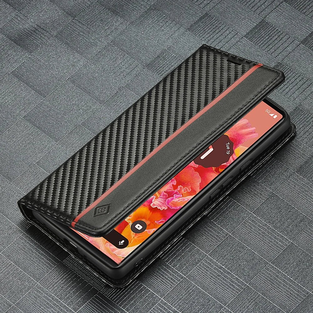 LC.IMEEKE Carbon Fiber Texture Wallet Design Scratch-resistant Phone Case Shell with Stand for Google Pixel 6 - Vertical Stripe - 7