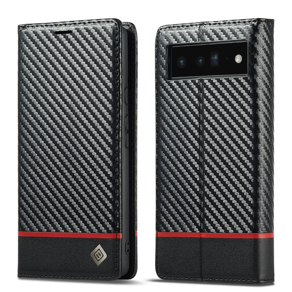 LC.IMEEKE Carbon Fiber Texture Wallet Design Auto-absorbed Magnetic Closing Phone Case Cover with Stand for Google Pixel 6 Pro - Horizontal Stripe - 1