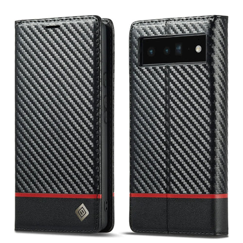 LC.IMEEKE Carbon Fiber Texture Wallet Design Auto-absorbed Magnetic Closing Phone Case Cover with Stand for Google Pixel 6 Pro - Horizontal Stripe - 1