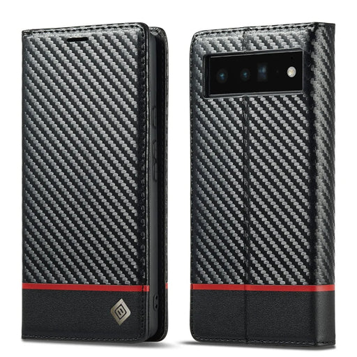 LC.IMEEKE Carbon Fiber Texture Wallet Design Auto-absorbed Magnetic Closing Phone Case Cover with Stand for Google Pixel 6 Pro - Horizontal Stripe - 1
