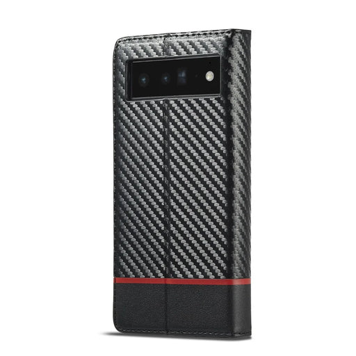 LC.IMEEKE Carbon Fiber Texture Wallet Design Auto-absorbed Magnetic Closing Phone Case Cover with Stand for Google Pixel 6 Pro - Horizontal Stripe - 2