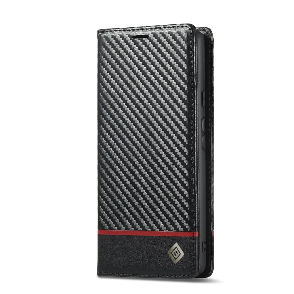 LC.IMEEKE Carbon Fiber Texture Wallet Design Auto-absorbed Magnetic Closing Phone Case Cover with Stand for Google Pixel 6 Pro - Horizontal Stripe - 3