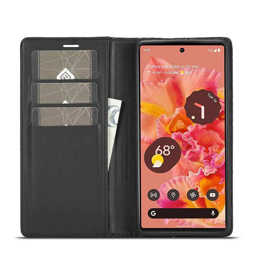 LC.IMEEKE Carbon Fiber Texture Wallet Design Auto-absorbed Magnetic Closing Phone Case Cover with Stand for Google Pixel 6 Pro - Horizontal Stripe - 4