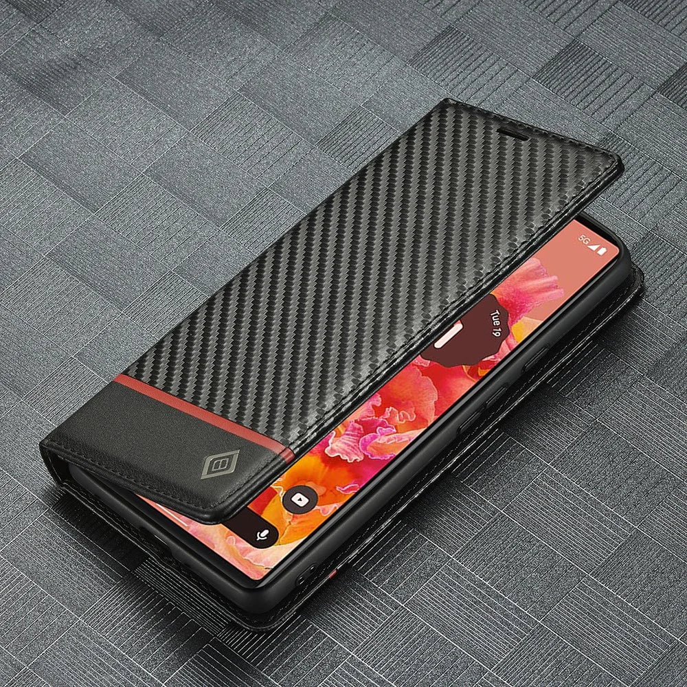 LC.IMEEKE Carbon Fiber Texture Wallet Design Auto-absorbed Magnetic Closing Phone Case Cover with Stand for Google Pixel 6 Pro - Horizontal Stripe - 7