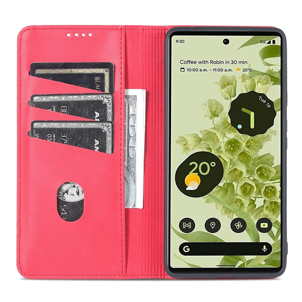 AZNS Practical Flip Phone Cover Wallet Design Durable PU Leather Shockproof Phone Case for Google Pixel 6 - Red - 6
