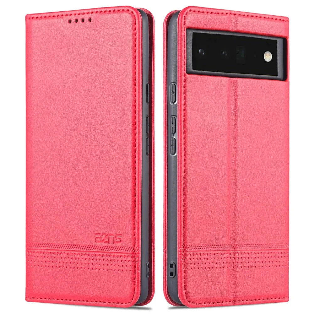 AZNS Smooth Wallet Design Durable PU Leather Shockproof Phone Cover Case for Google Pixel 6 Pro - Red - 1